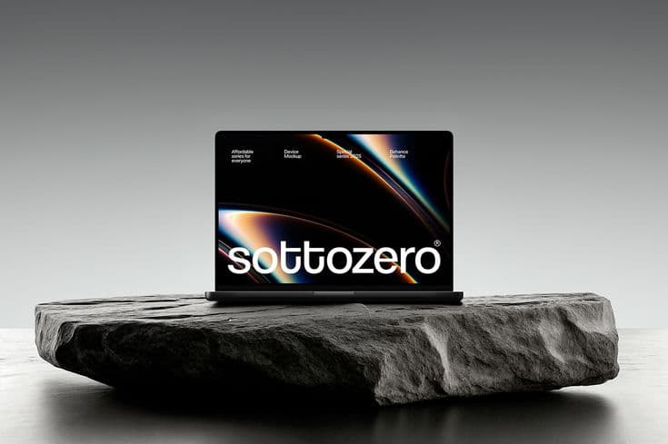 MacBook mockup op stenen plateau met donker scherm