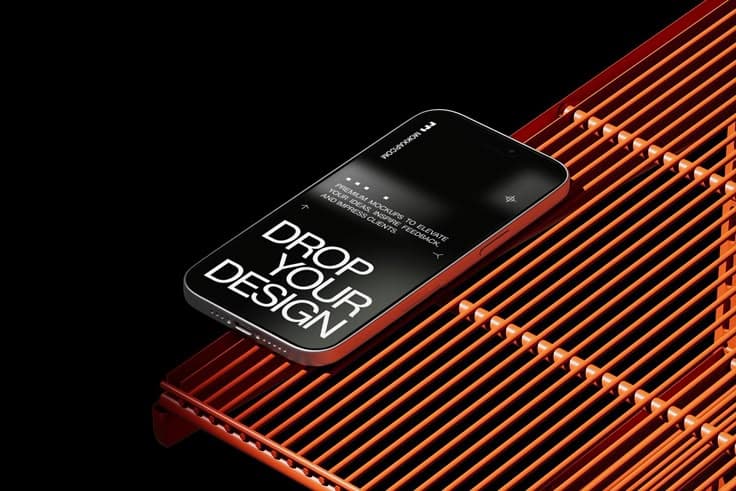 iPhone mockup op oranje metalen grid